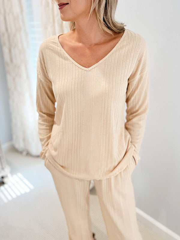 Solid Color Long Sleeves Loose V-Neck Shirt Top + Pants Bottom Pajama Sets
