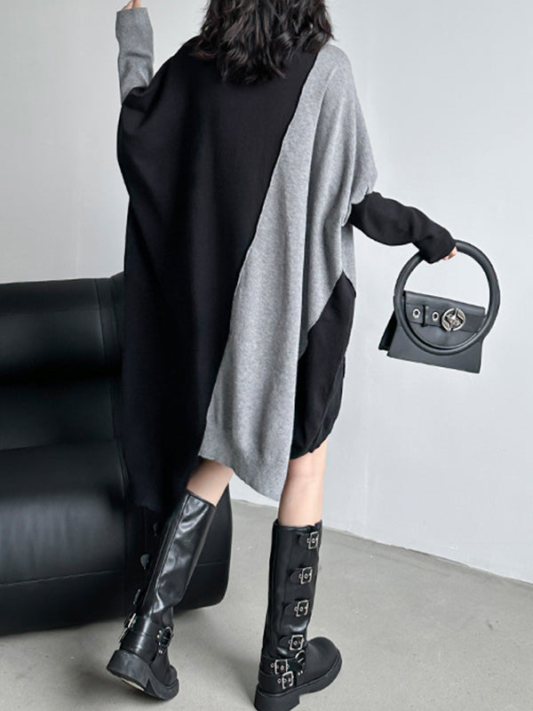 Asymmetric Contrast Color Split-Joint Batwing Sleeves Long Sleeves High Neck Sweater Dresses Midi Dresses