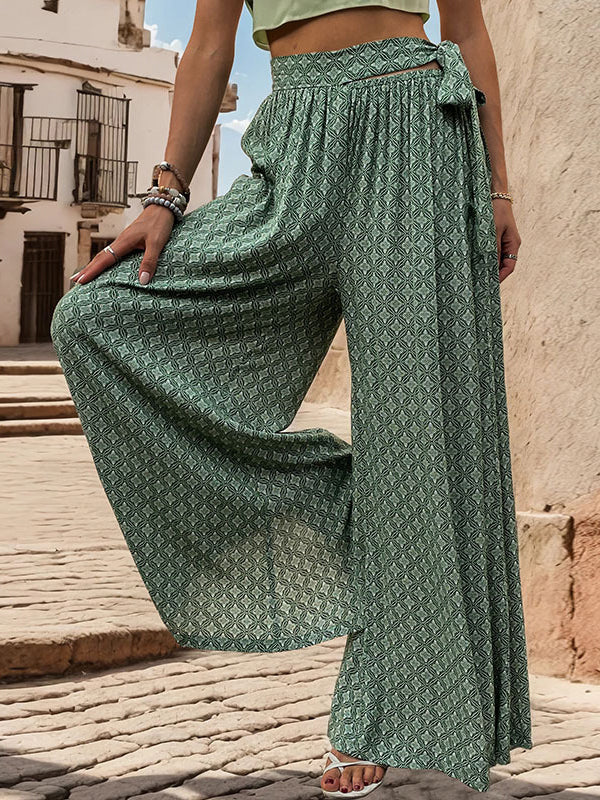 Printed Tied Waist Loose Wide Leg Pants