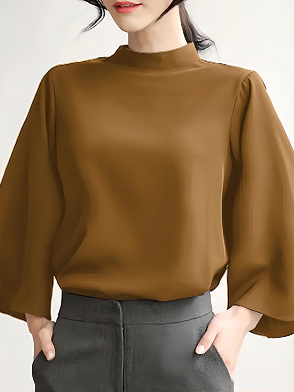 Solid Color Flared Sleeves Loose Stand Collar T-Shirts Tops