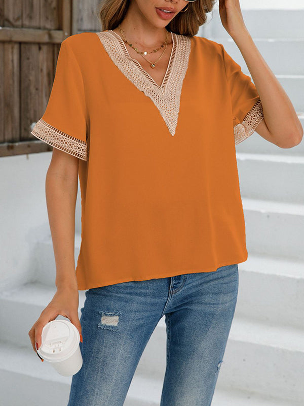 Hollow Split-Joint Loose Short Sleeves V-Neck T-Shirts
