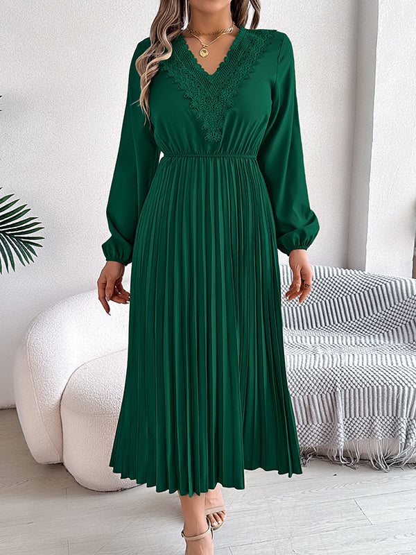 Pleated Solid Color Elasticated Waist High Waisted V-neck Midi Dresses
