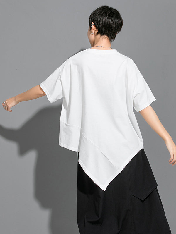Urban Solid Color Asymmetric Round-Neck T-Shirt Top