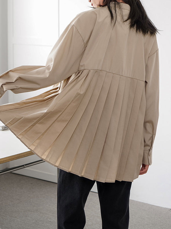 Buttoned Pleated Solid Color Long Sleeves Loose Round-Neck Blouses&Shirts Tops