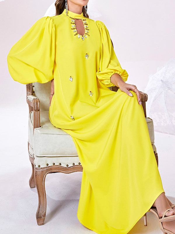 Hollow Rhine Stones Solid Color Bishop Sleeve Loose Mock Neck Maxi Dresses