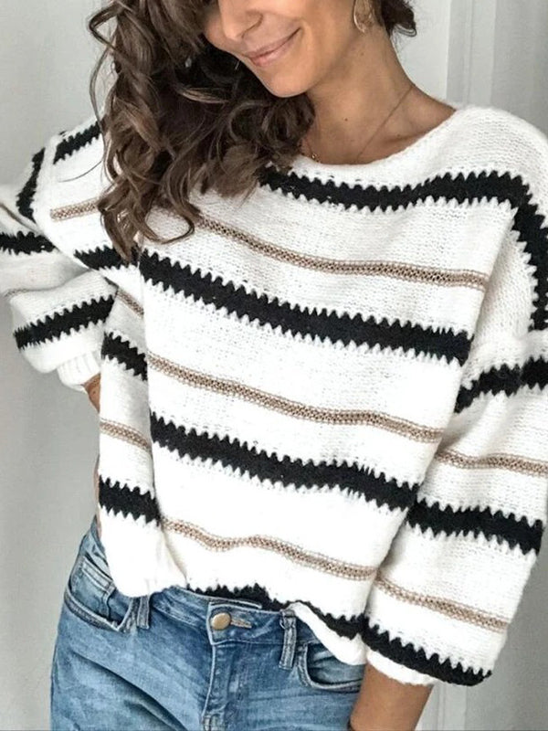 Striped Long Sleeves Loose Round-Neck Sweater Tops Pullovers Knitwear