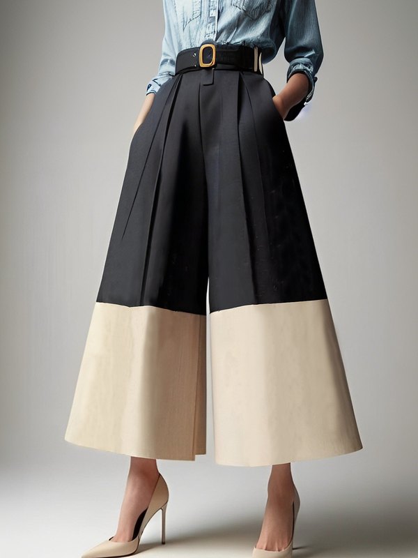 Contrast Color No Belt Pleated Pockets High Waisted Loose Trousers Pants