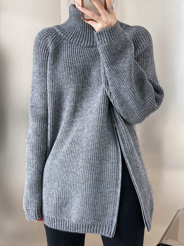 Urban Loose Long Sleeves Split-Side Solid Color Zipper Halter-Neck Sweater Tops