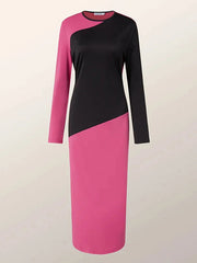 Urban Contrast Color Split-Joint Round-Neck Long Sleeves Midi Dress