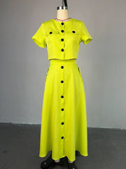 Round-Neck Buttoned Pockets Split-Joint T-shirt Top + A-Line High Waisted Skirts Bottom Two Pieces Set