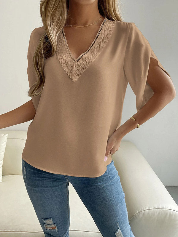 Hollow Split-Joint Half Sleeves Loose V-Neck Blouses&Shirts Tops