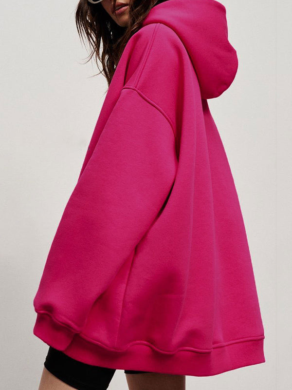 Pockets Solid Color Velvet Long Sleeves Loose Hooded Hoodies Tops