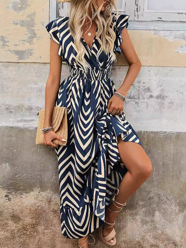 Elasticity Printed Split-Joint Flying Sleeves Loose V-neck Maxi Dresses