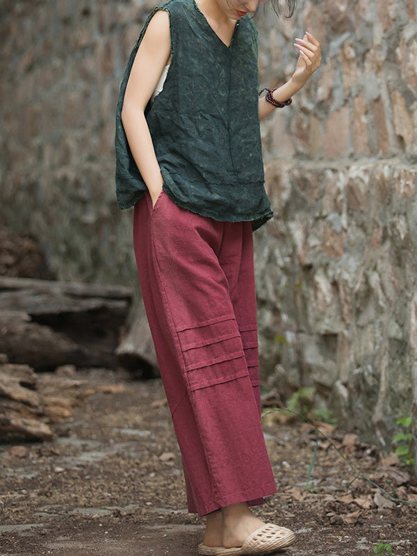 Pleated Solid Color Split-Joint High Waisted Loose Trousers Ninth Pants