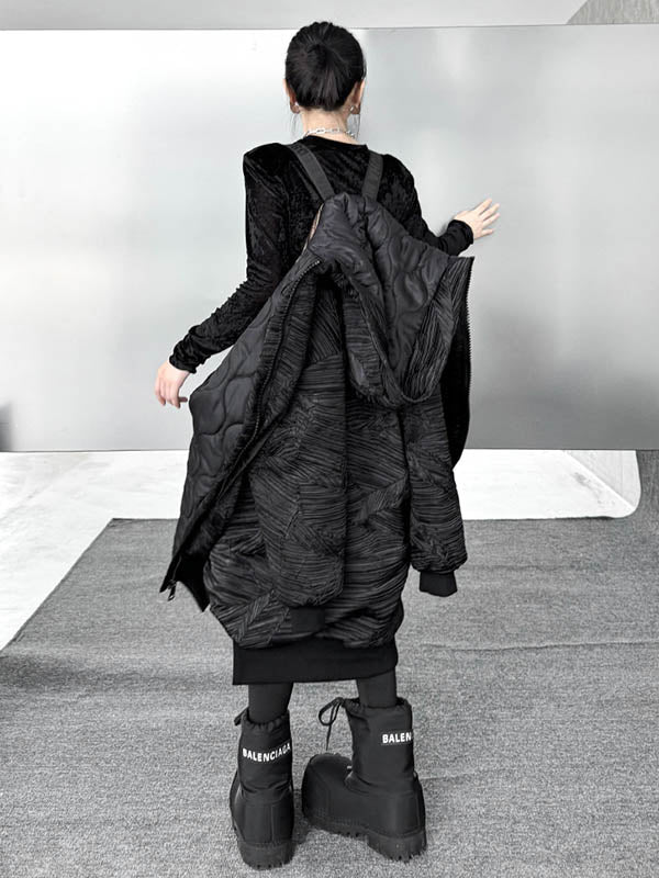 Abstract Printed Contrast Color Split-Joint Zipper High-Low Irregularity Hooded Overcoat Outerwear