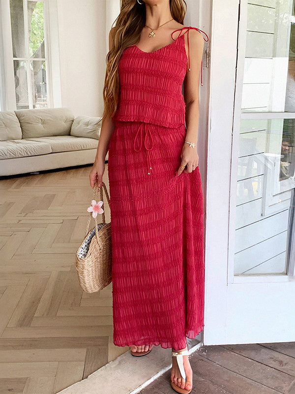 Pleated Loose Sleeveless Solid Color Spaghetti-Neck Vest Top + Drawstring Skirts Bottom Two Pieces Set