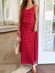 Pleated Loose Sleeveless Solid Color Spaghetti-Neck Vest Top + Drawstring Skirts Bottom Two Pieces Set
