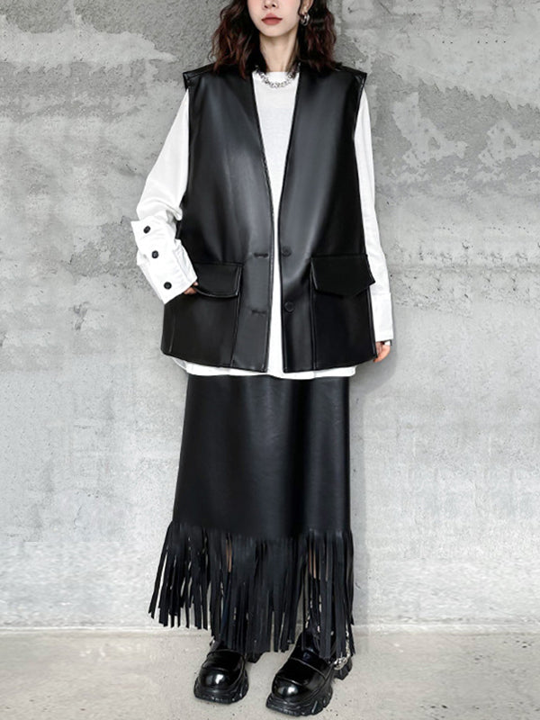 Buttoned Pockets Solid Color Loose Sleeveless V-neck Vest Outerwear