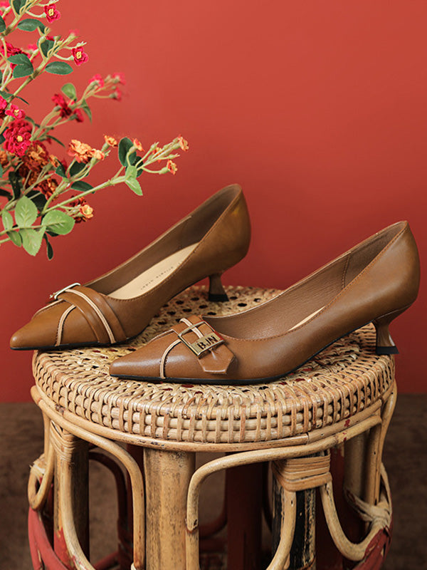 Belt Buckle Pointed-Toe Shallow Cut Split-Joint Pumps