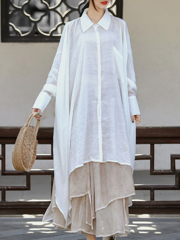 See-Through Solid Color Split-Joint Split-Side Loose Raglan Sleeve Lapel Blouses
