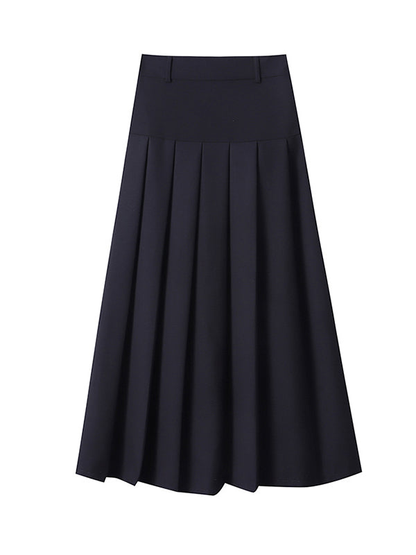 Pleated Solid Color Split-Joint A-Line High Waisted Skirts Bottoms