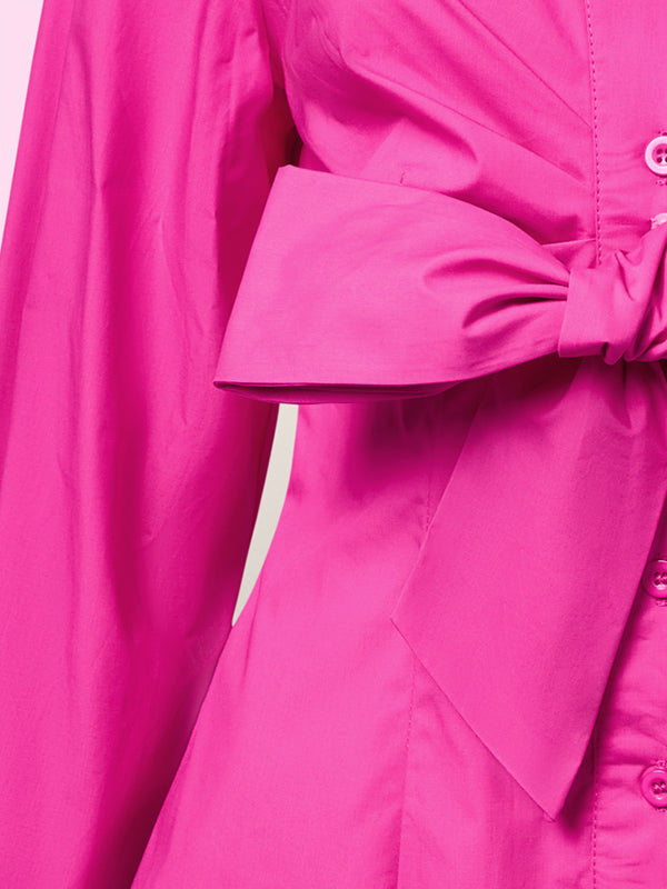 Long Sleeves Bow-Embellished Buttoned Solid Color Lapel Blouses&Shirts Tops