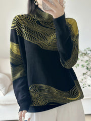 Contrast Color Long Sleeves Loose High Neck Sweater Tops Pullovers