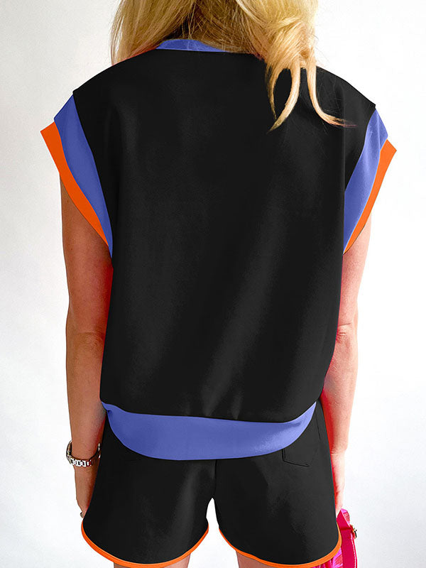 Contrast Color Elasticity Loose Short Sleeves Round-Neck T-shirt + Shorts Two Pieces Set