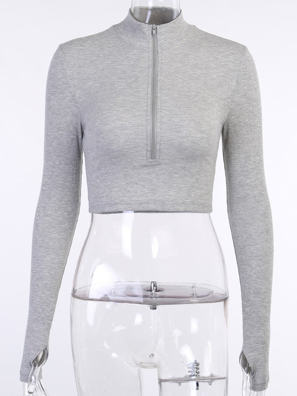 Hollow Solid Color Zipper Long Sleeves Skinny Deep V-Neck T-Shirts Tops