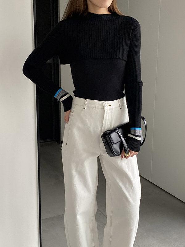 Contrast Color Long Sleeves Loose Round-Neck Two Pieces Set Cover-Ups Tops