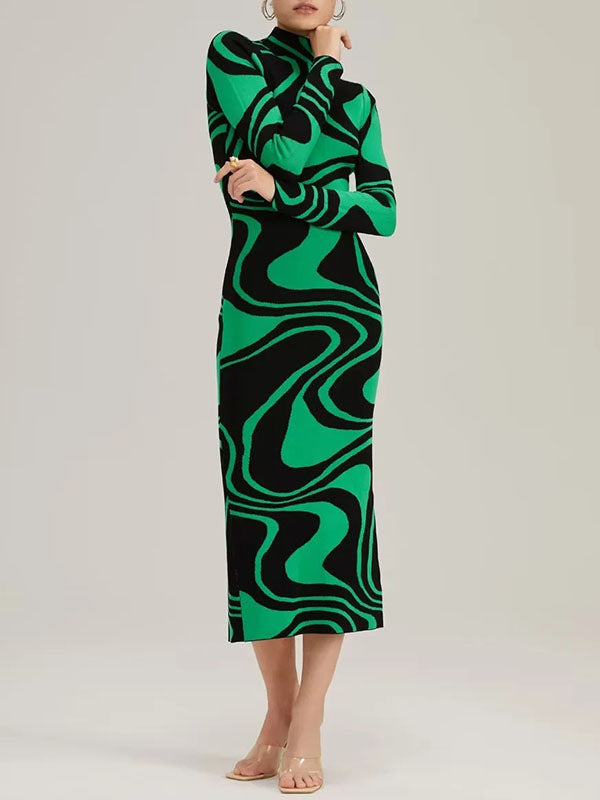 Contrast Color Printed Split-Back Split-Joint Zipper Long Sleeves Skinny High Neck Midi Dresses
