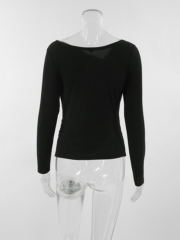 Asymmetric Solid Color Long Sleeves Skinny Asymmetric Collar T-Shirts Tops