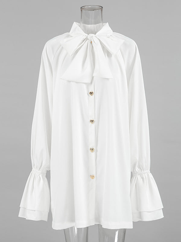 Buttoned Elasticity Pleated Solid Color Tied Zipper A-Line Flared Sleeves Stand Collar Mini Dresses