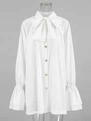 Buttoned Elasticity Pleated Solid Color Tied Zipper A-Line Flared Sleeves Stand Collar Mini Dresses