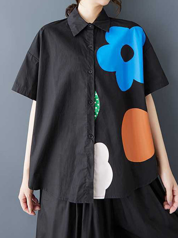 Buttoned Flower Print Loose Short Sleeves Lapel Blouses&Shirts Tops