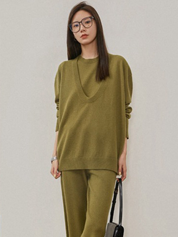 Urban Loose Solid Round-Neck Vest Top& V-Neck Sweater Tops& Wide Leg Pants Three-Piece Set