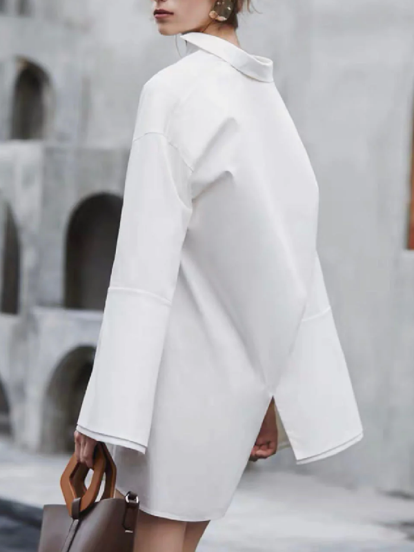 Buttoned Solid Color Long Sleeves Loose Lapel Shirt Dress Mini Dresses