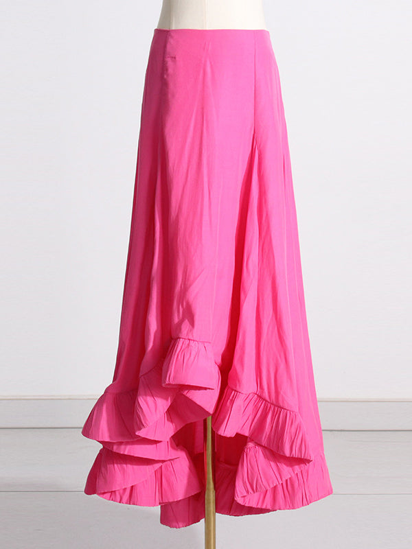 Pleated Ruffled Solid Color High Waisted High-Low Mock Neck Two Pieces Set