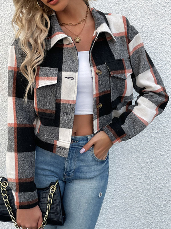 Buttoned Plaid Pockets Split-Joint Long Sleeves Loose Lapel Outerwear Jackets