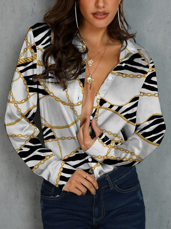 Buttoned Printed Long Sleeves Loose Lapel Blouses&Shirts Tops