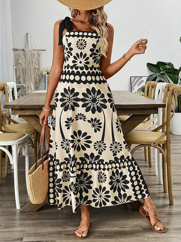 Elasticity Flower Print Pleated Tied A-Line Loose Spaghetti-Neck Midi Dresses