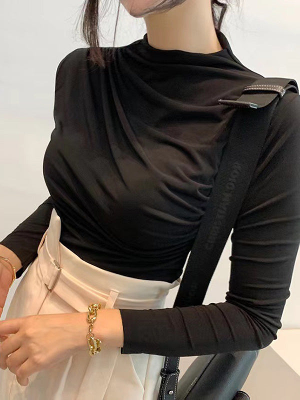 Pleated Solid Color Long Sleeves Skinny Mock Neck T-Shirts Tops