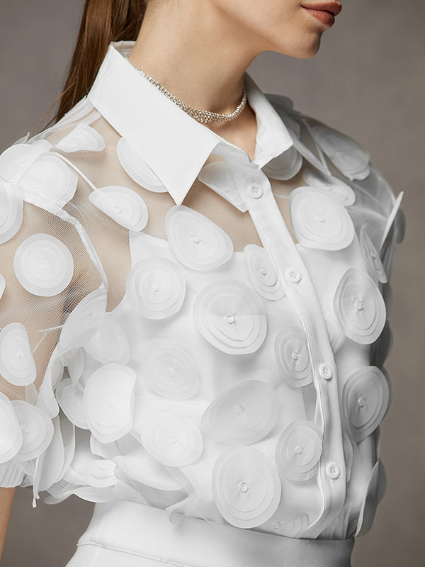 Gauze See-Through Split-Joint Loose Short Sleeves Lapel Blouses