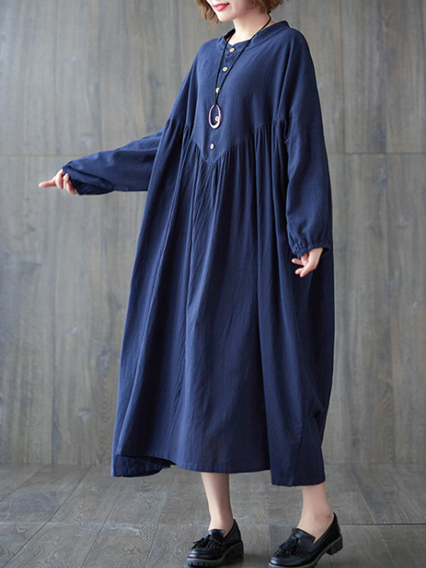 Pleated Solid Color Loose Puff Sleeves Stand Collar Midi Dresses