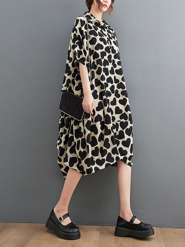 Heart Print Batwing Sleeves Irregular clipping Lapel Midi Dresses