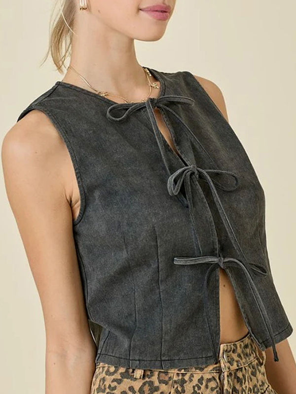 Lace-Up Split-Joint Loose Sleeveless Round-Neck Vest Top
