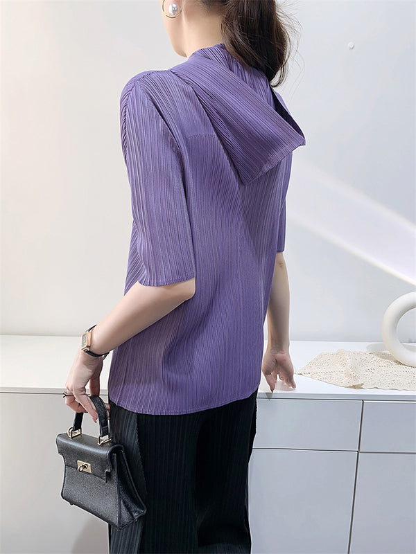 Pleated Solid Color Half Sleeves Hooded Mock Neck T-Shirts Tops