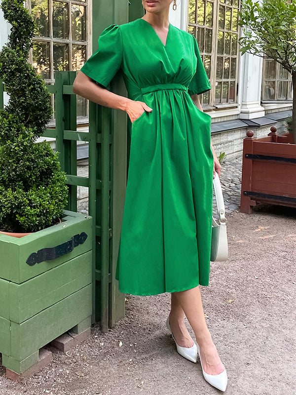 Drawstring Pleated Solid Color Split-Joint Tied Waist Loose Short Sleeves V-Neck Shirt Dress Midi Dresses