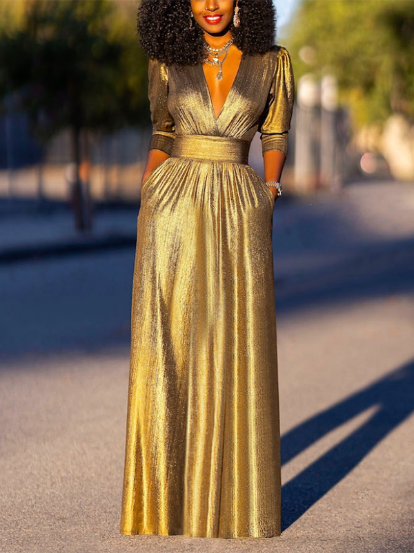 Shiny Solid Color Half Sleeves Puff Sleeves Deep V-Neck Maxi Dresses