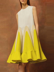 Loose Sleeveless Contrast Color Falbala Round-Neck Mini Dresses